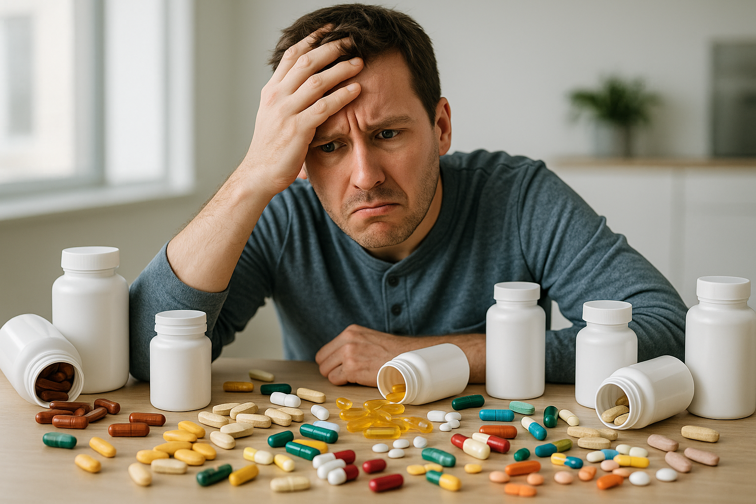 someone confused surrounded by supplement tablets