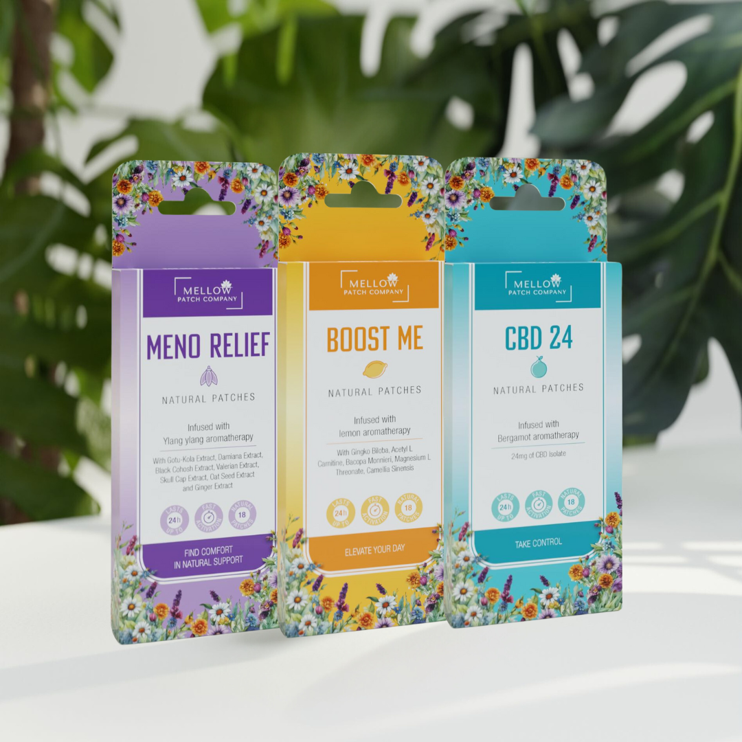 Meno Vitality Bundle – Meno Relief, Boost Me & CBD24 patches
Daily menopause energy & calm support – Mellow Meno Vitality
Menopause wellness & balance bundle – Meno Relief, CBD24 & Boost Me